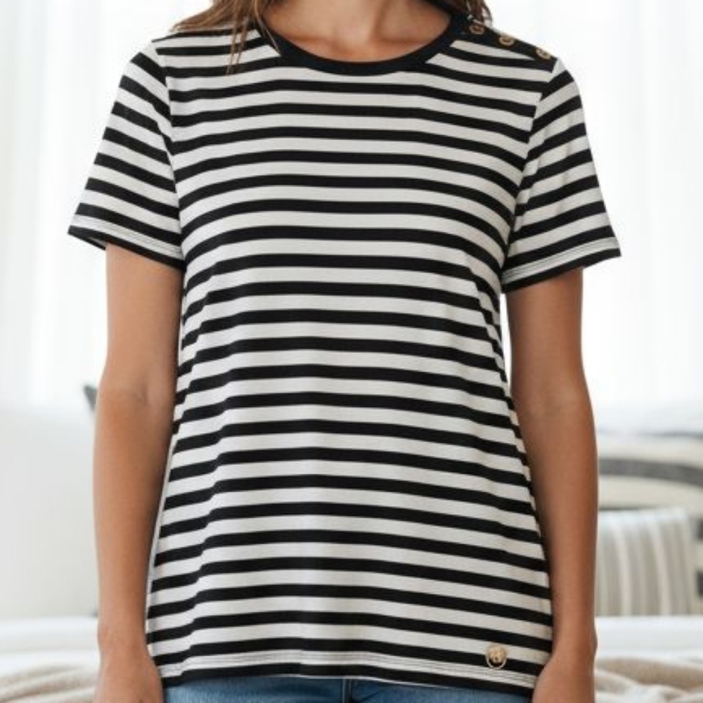 Michael Kors - Black & White Stripped Blouse, 3 Working Buttons On Left...